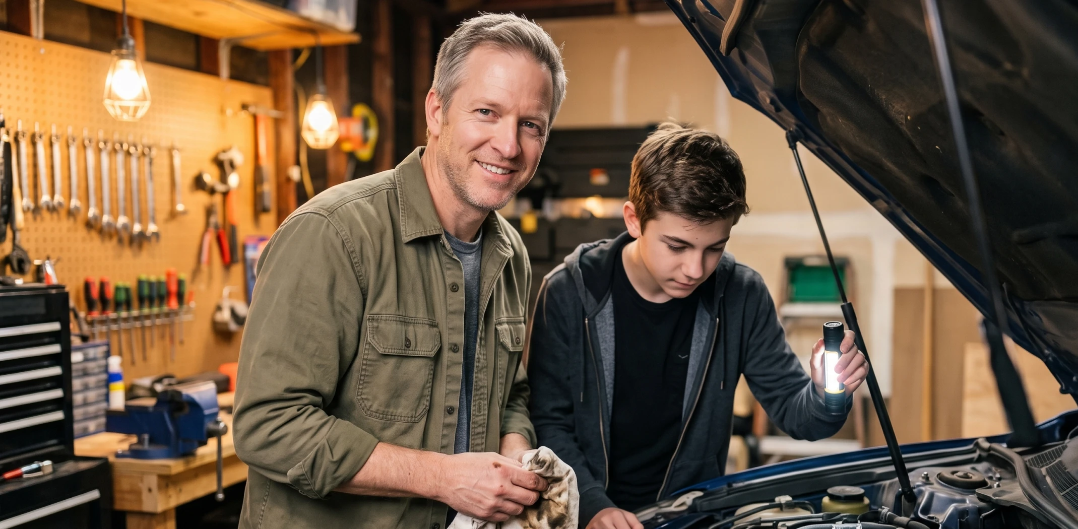 a teenager and his father building a savings countdown sheet