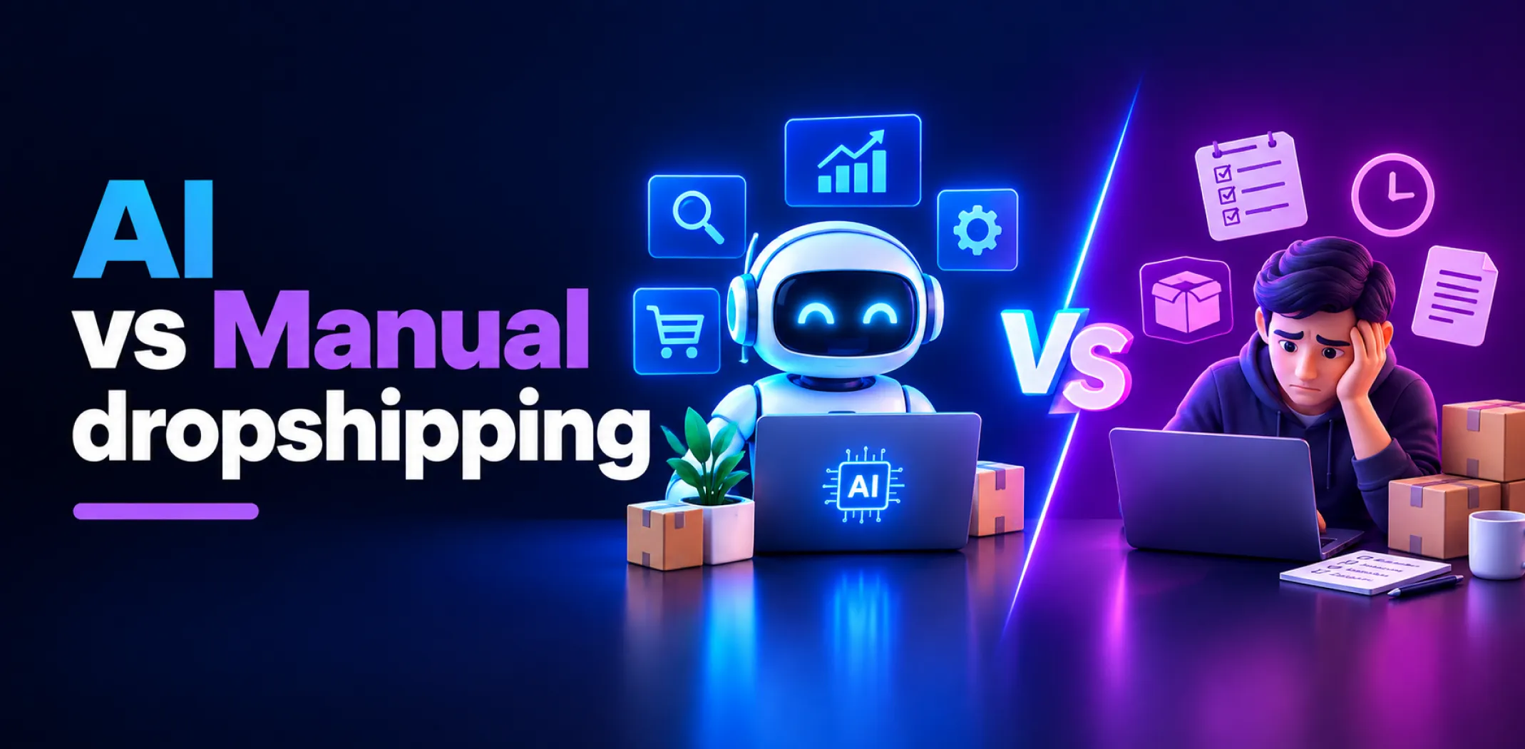 Featured image for a comparative breakdown of AI vs manual dropshipping